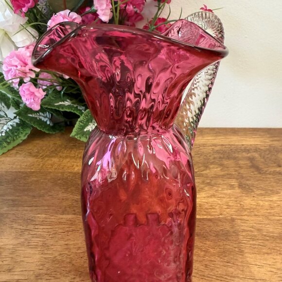 Vintage Cranberry Glass Diamond Thumbprint Pitcher‎ Twisted Clear Handle - Picture 4 of 7